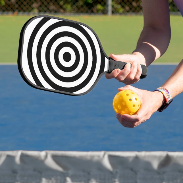 White and Black Concentric Circles Rings Pattern Pickleball Paddle (Insitu)
