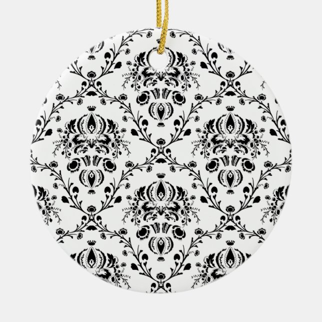 White and Black Damask Ceramic Ornament (Front)