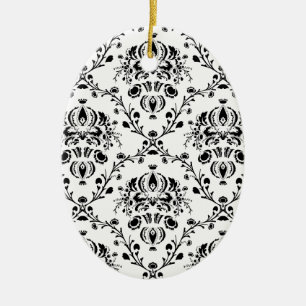 White and Black Damask Ceramic Ornament