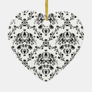 White and Black Damask Ceramic Ornament
