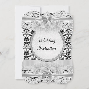 White and black damask floral  wedding invitation