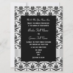 White and black damask formal wedding invitation