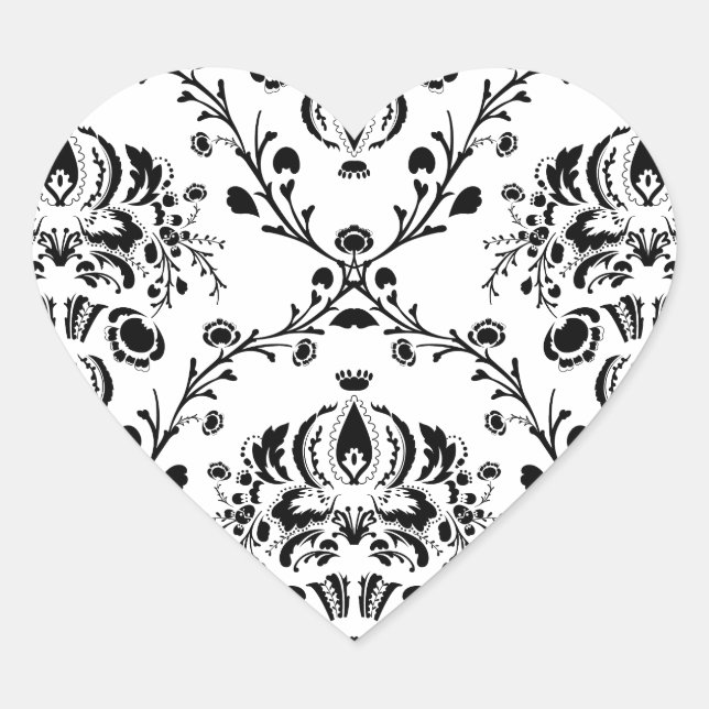 White and Black Damask Heart Sticker (Front)