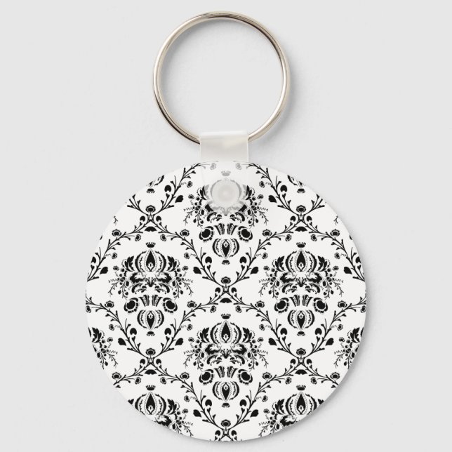 White and Black Damask Key Ring (Front)