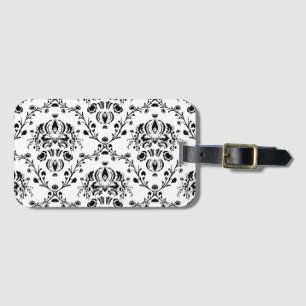 White and Black Damask Luggage Tag