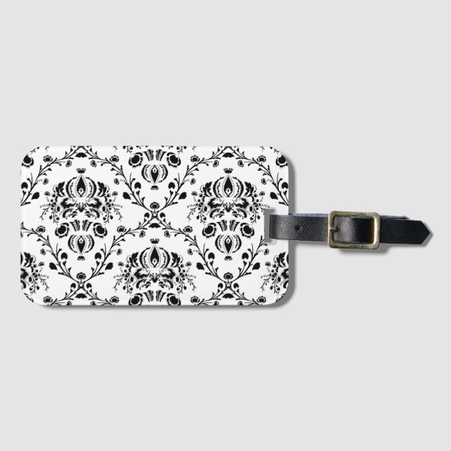 White and Black Damask Luggage Tag (Front Horizontal)