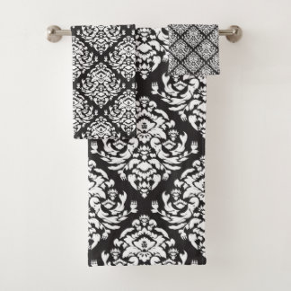 White and Black Damask Pattern Bath Towel Set