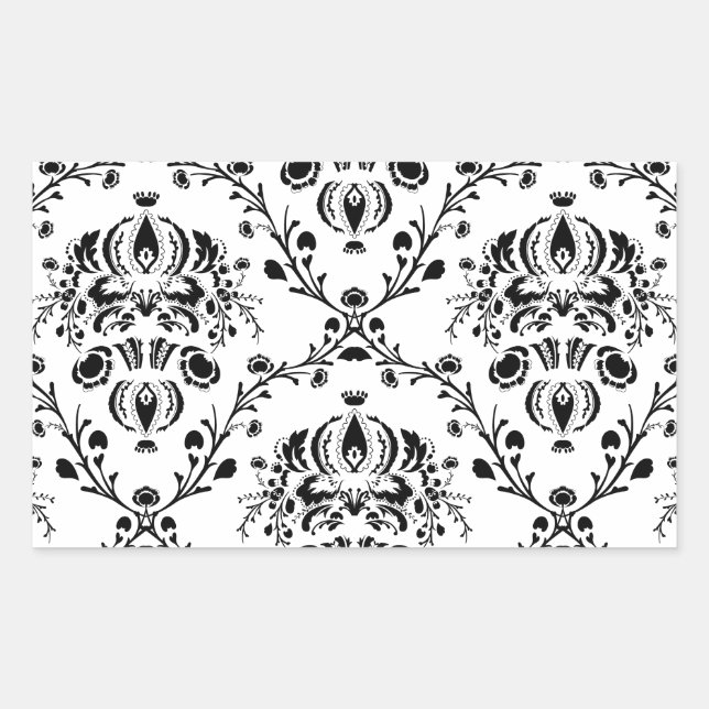 White and Black Damask Rectangular Sticker (Front)