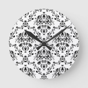 White and Black Damask Round Clock