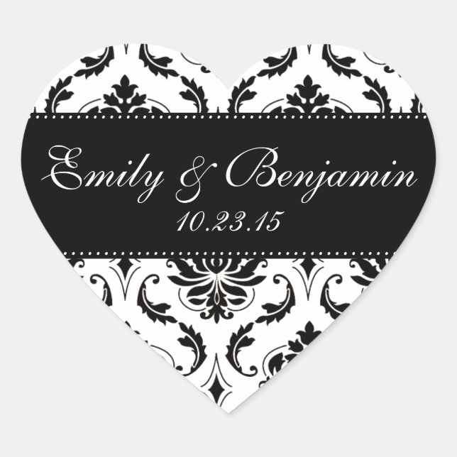 White and Black Damask Wedding Favour Heart Sticker (Front)