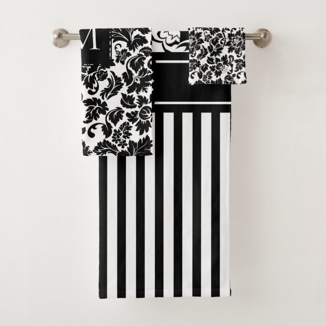 White And Black Damask With Stripes Bath Towel Set (Insitu)