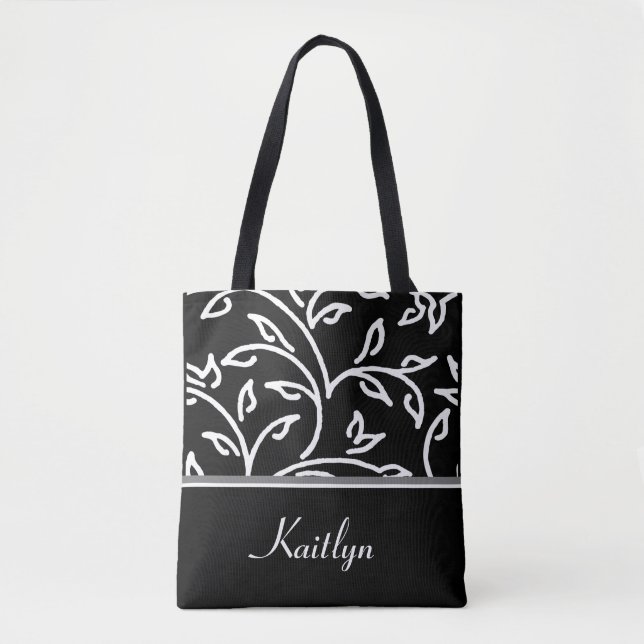 White and Black Decorative Vines | Personalised Tote Bag (Front)