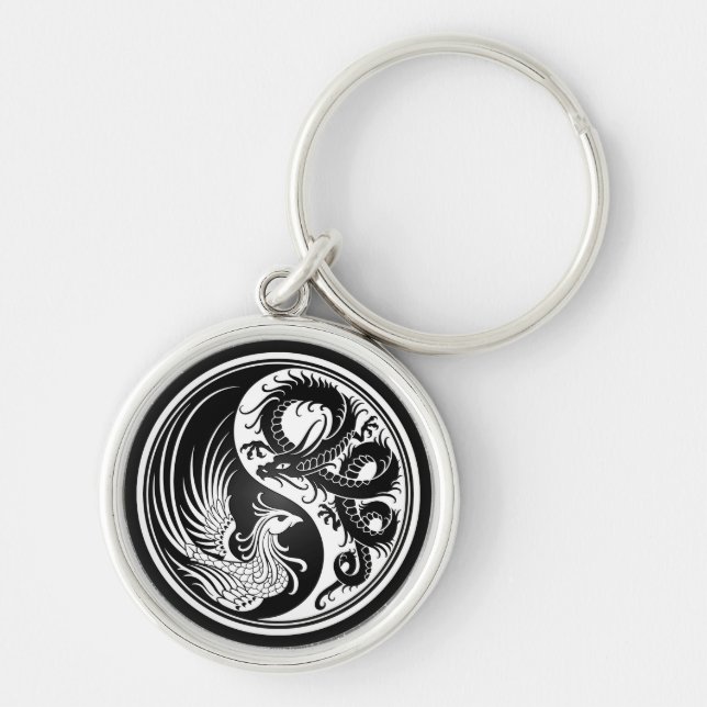 White and Black Dragon Phoenix Yin Yang Key Ring (Front)