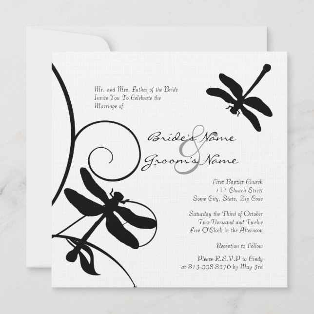 White and Black Dragonfly Wedding Invitation (Front)
