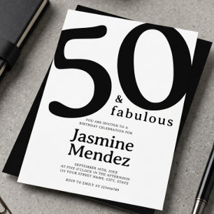 White And Black Elegant 50 & Fabulous Birthday  Invitation