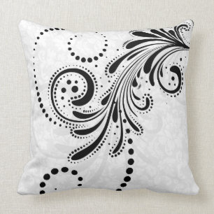 White And Black Elegant Floral Swirl Cushion