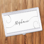 White and Black Elegant Script Curly Name Business Card Holder<br><div class="desc">An elegant signature style script name design with extra curly tails.
You can customise the white background and black font colours.
Customise the font size or move it as needed for longer or shorter names.
Create your own business card case for her.</div>