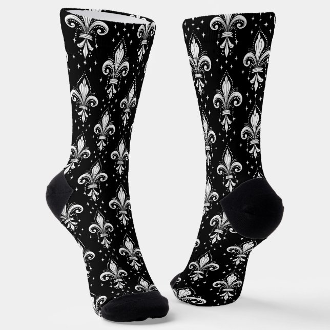 White and black fleur-de-lis seamless pattern socks (Angled)