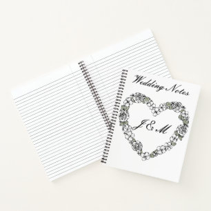 White and Black Floral Heart Wedding Notebook
