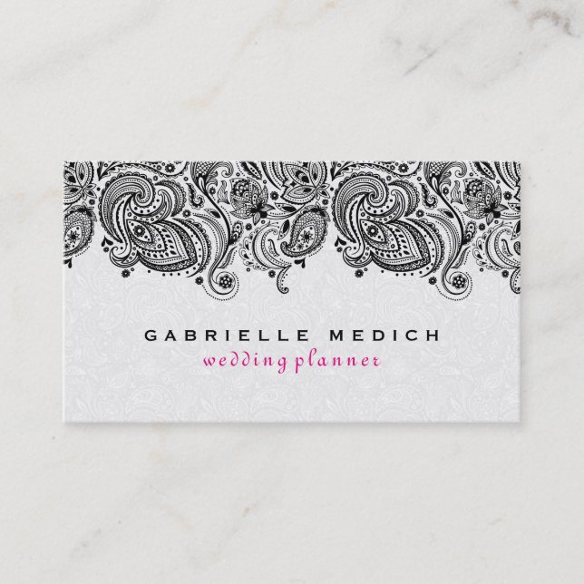 White And Black Floral Paisley Lace Business Card (Front)
