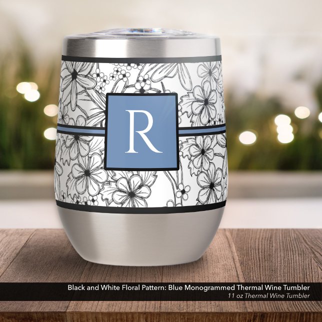 White and Black Floral Pattern: Blue Monogrammed (Black and White Floral Pattern on an 11 oz Thermal Wine Tumbler with Monogram in Light Blue)