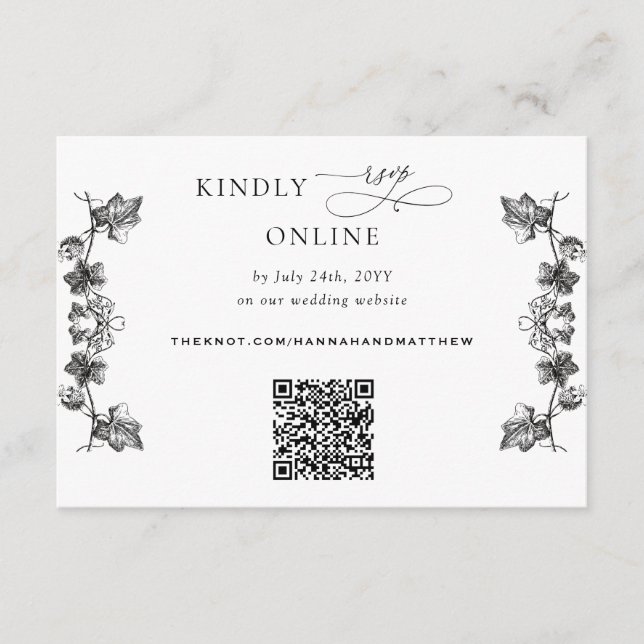 White and Black Floral QR Code RSVP Wedding Enclosure Card (Front)