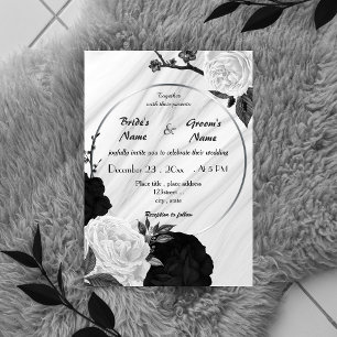white and black floral wreath wedding invitation