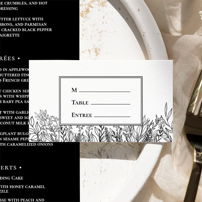 White and Black Greenery Entree Choice Flat Place Card (Creator Uploaded)