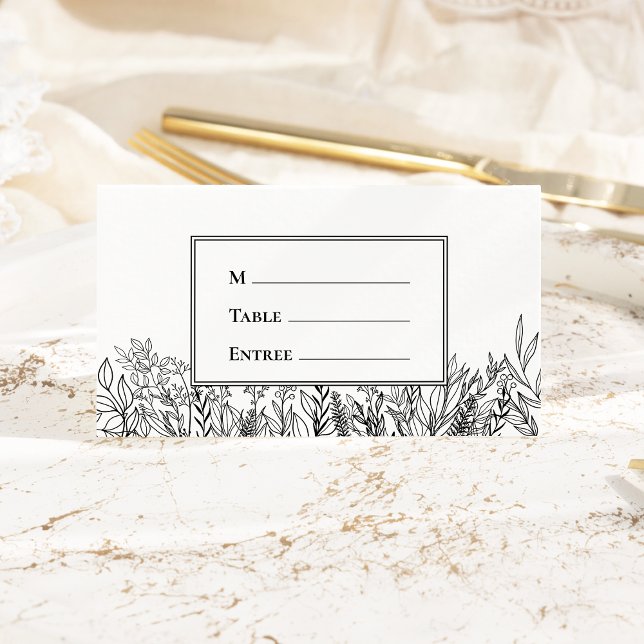 White and Black Greenery Entree Choice Folded Place Card (Creator Uploaded)