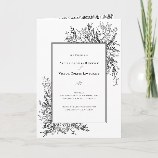White and Black Greenery Wedding Folded Program (Front)