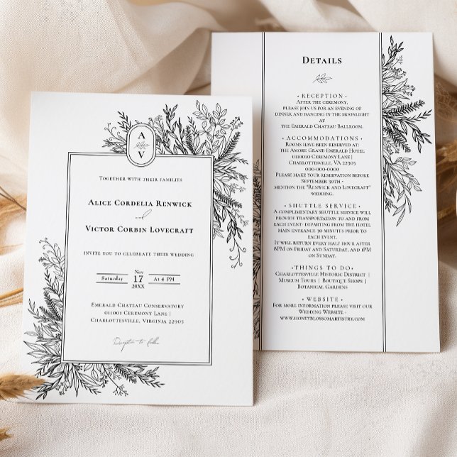 White and Black Greenery Wedding Monogram Details Invitation (Creator Uploaded)