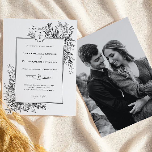 White and Black Greenery Wedding Monogram Photo Invitation (Creator Uploaded)