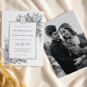 White and Black Greenery Wedding Monogram Photo Invitation