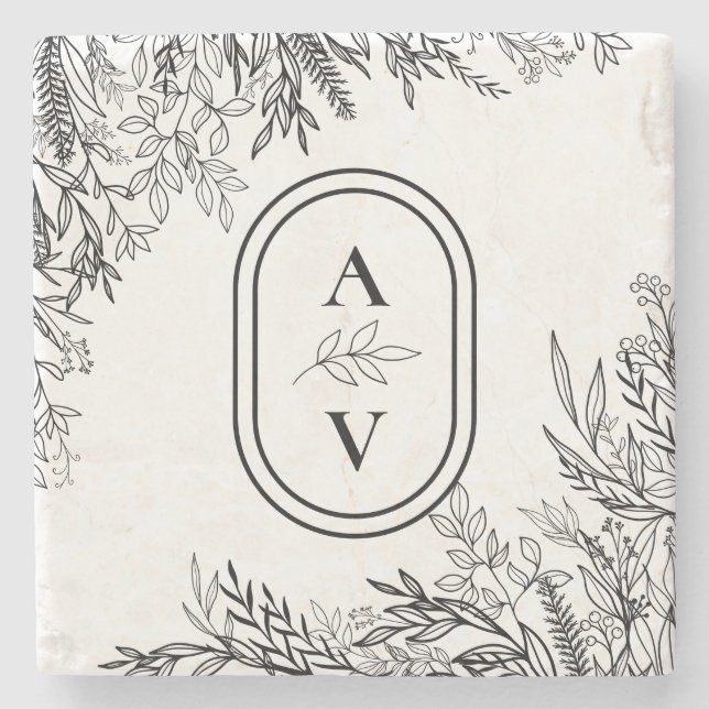 White and Black Greenery Wedding Monogram Stone Coaster (Front)