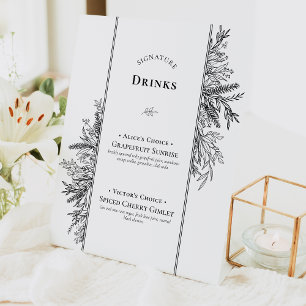White and Black Greenery Wedding Signature Drinks Pedestal Sign