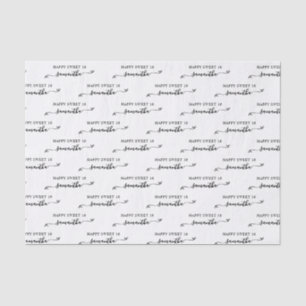 White and Black Happy Sweet 16 Cute Bow Name Tissue Paper