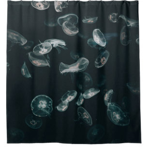 WHITE AND BLACK JELLYFISH ON WATER SHOWER CURTAIN