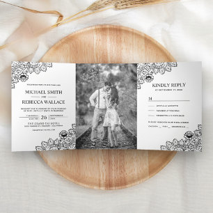 White and Black Lace Wedding Photo Tri-Fold Invitation