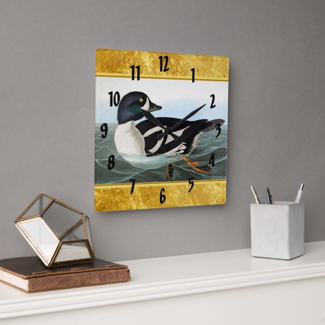 White and Black mallard ducks swimming in water Square Wall Clock (Office)