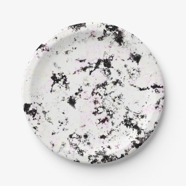 White and Black Marble Paint Splash Abstract Paper Plate (Front)