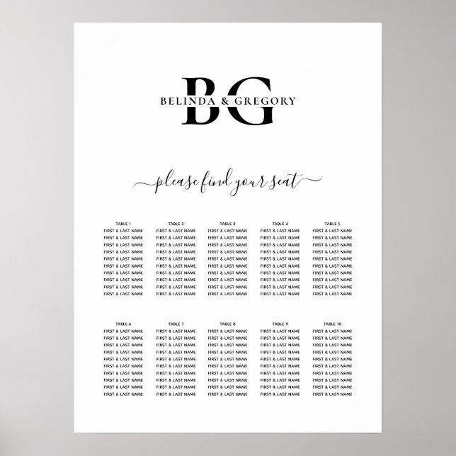 White and Black Monogram Wedding Seating Chart (Front)