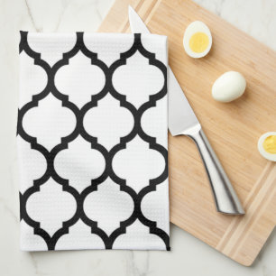 White and Black Moroccan Quatrefoil Pattern Tea Towel