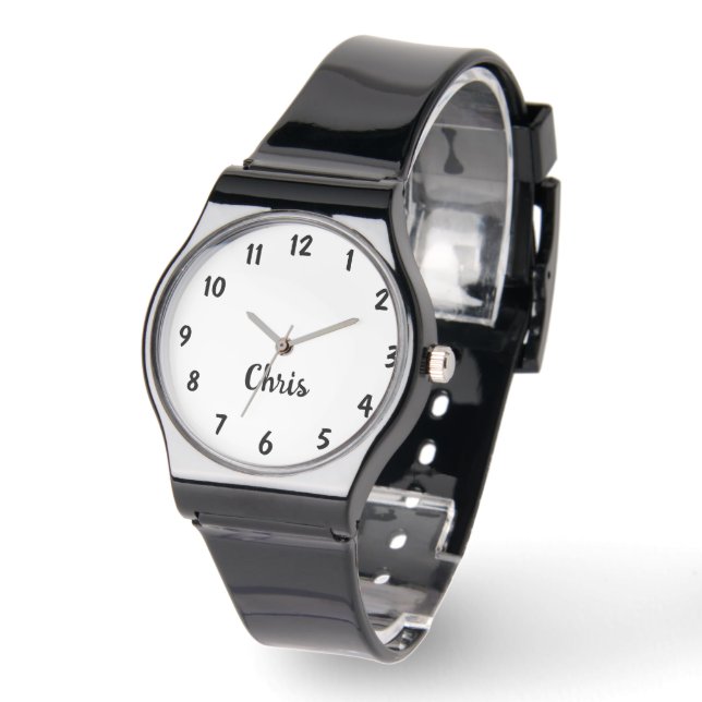 White and Black, Name, Casual Black Band Wrist Watch (Angle)