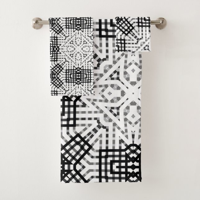 White and black openwork geometric pattern Anna Bath Towel Set (Insitu)