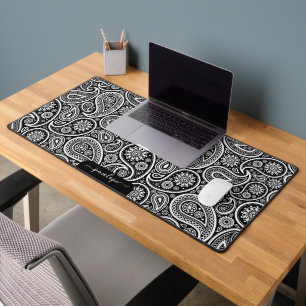 White and black paisley pattern custom monogram desk mat