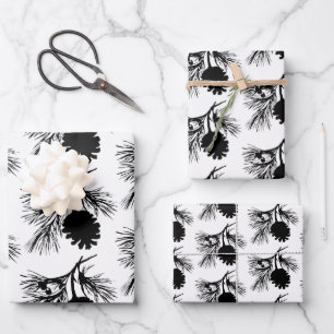 White And Black Pine Spruce Branch And Cone Wrapping Paper Sheet