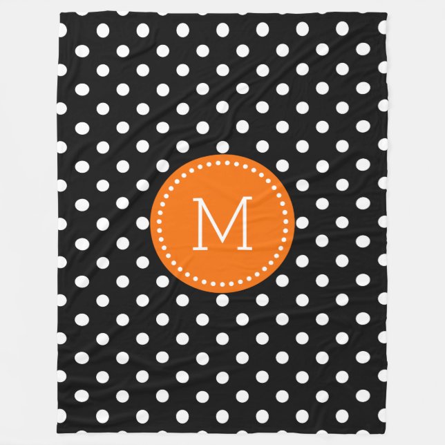 White And Black Polkadot Orange Accents Fleece Blanket (Front)