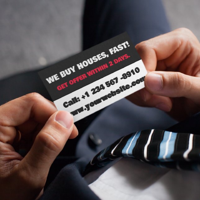 White and Black Real Estate Investor We Buy Houses Business Card (real estate investor business card)