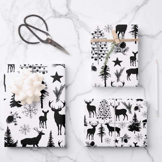 White And Black Reindeer Woodland Forest Modern Wrapping Paper Sheet (Front)