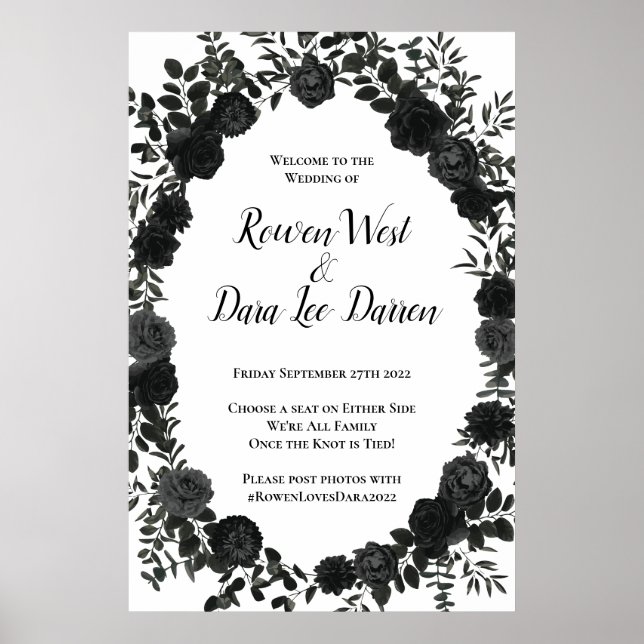 White and Black Rose Gothic Wedding Ceremony Sign (Front)